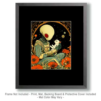 Alien and Kitten - Aliens, Spaceships  Outer-Space Wall Art Prints – 8″x10″ Artwork for 11″x14″ Frame