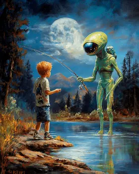 Boy Fishing with a Visitor - Aliens, Spaceships  Outer-Space Wall Art Prints – 8″x10″ Artwork for 11″x14″ Frame