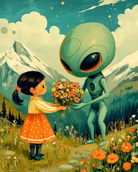 Little Girl Gives a Gift to an Alien - Aliens, Spaceships  Outer-Space Wall Art Prints – 8″x10″ Artwork for 11″x14″ Frame