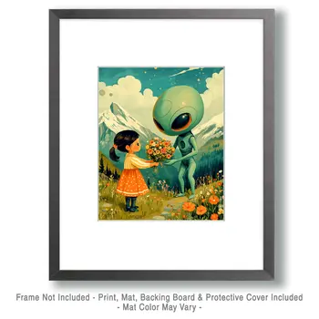 Little Girl Gives a Gift to an Alien - Aliens, Spaceships  Outer-Space Wall Art Prints – 8″x10″ Artwork for 11″x14″ Frame
