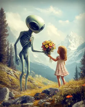 Little Girl Giving a Bouquet to an Extraterrestrial - Aliens, Spaceships  Outer-Space Wall Art Prints – 8″x10″ Artwork for 11″x14″ Frame