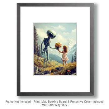 Little Girl Giving a Bouquet to an Extraterrestrial - Aliens, Spaceships  Outer-Space Wall Art Prints – 8″x10″ Artwork for 11″x14″ Frame