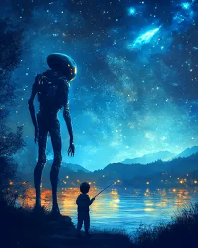 Fishing with an Extraterrestrial - Aliens, Spaceships  Outer-Space Wall Art Prints – 8″x10″ Artwork for 11″x14″ Frame