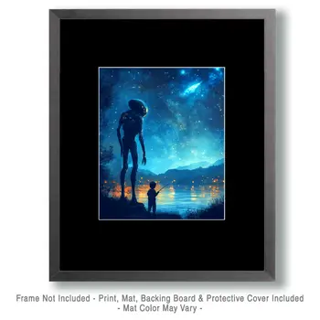 Fishing with an Extraterrestrial - Aliens, Spaceships  Outer-Space Wall Art Prints – 8″x10″ Artwork for 11″x14″ Frame