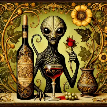 Nouveau Alien with Wine and Rose - Aliens, Spaceships  Outer-Space Wall Art Prints – 8″x10″ Artwork for 11″x14″ Frame