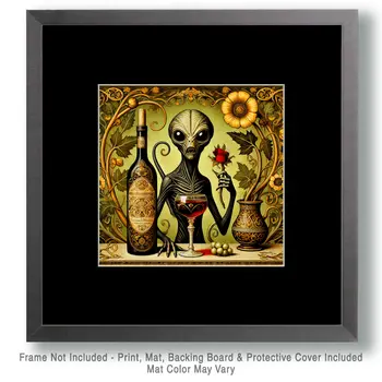 Nouveau Alien with Wine and Rose - Aliens, Spaceships  Outer-Space Wall Art Prints – 8″x10″ Artwork for 11″x14″ Frame