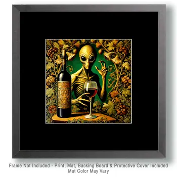 Nouveau Alien with Wine #1 - Aliens, Spaceships  Outer-Space Wall Art Prints – 8″x10″ Artwork for 11″x14″ Frame