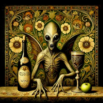 Nouveau Alien with Wine #2 - Aliens, Spaceships  Outer-Space Wall Art Prints – 8″x10″ Artwork for 11″x14″ Frame