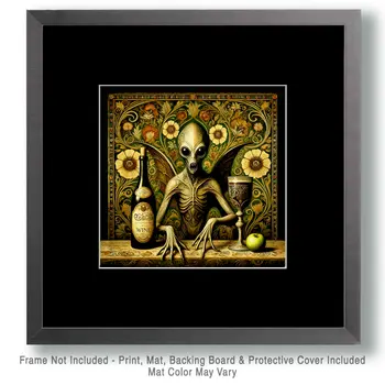 Nouveau Alien with Wine #2 - Aliens, Spaceships  Outer-Space Wall Art Prints – 8″x10″ Artwork for 11″x14″ Frame