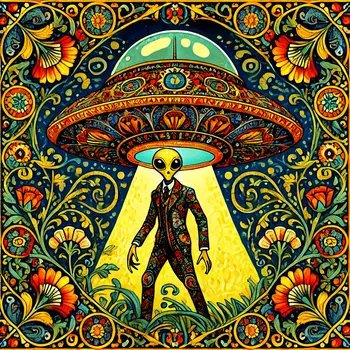 Nouveau Alien Under Flying Saucer - Aliens, Spaceships  Outer-Space Wall Art Prints – 8″x10″ Artwork for 11″x14″ Frame