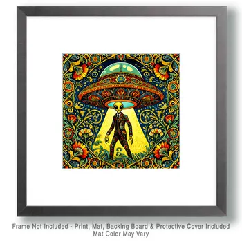 Nouveau Alien Under Flying Saucer - Aliens, Spaceships  Outer-Space Wall Art Prints – 8″x10″ Artwork for 11″x14″ Frame