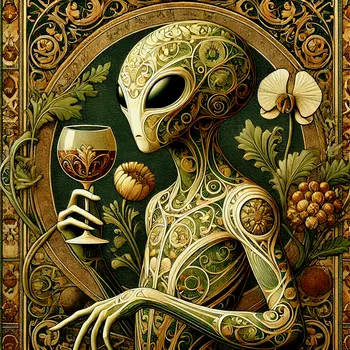 Nouveau Alien with Wine #3 - Aliens, Spaceships  Outer-Space Wall Art Prints – 8″x10″ Artwork for 11″x14″ Frame