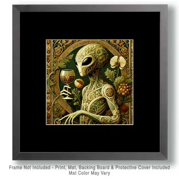 Nouveau Alien with Wine #3 - Aliens, Spaceships  Outer-Space Wall Art Prints – 8″x10″ Artwork for 11″x14″ Frame