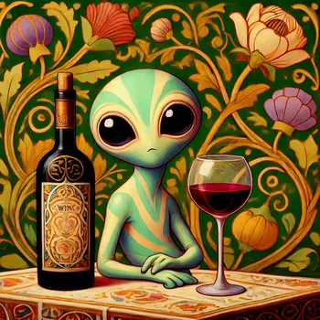 Cute Nouveau Alien with Wine - Aliens, Spaceships  Outer-Space Wall Art Prints – 8″x10″ Artwork for 11″x14″ Frame