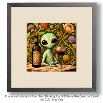 Cute Nouveau Alien with Wine - Aliens, Spaceships  Outer-Space Wall Art Prints – 8″x10″ Artwork for 11″x14″ Frame