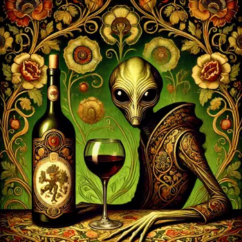 Nouveau Alien with Wine #4 - Aliens, Spaceships  Outer-Space Wall Art Prints – 8″x10″ Artwork for 11″x14″ Frame
