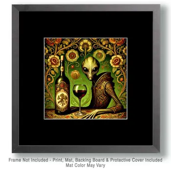 Nouveau Alien with Wine #4 - Aliens, Spaceships  Outer-Space Wall Art Prints – 8″x10″ Artwork for 11″x14″ Frame