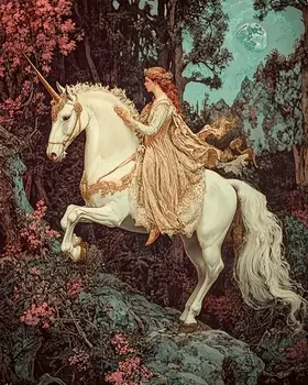 Princess Taking a Ride - Unicorn & Pegasus Wall Art Prints – 8″x10″ Artwork for 11″x14″ Frame