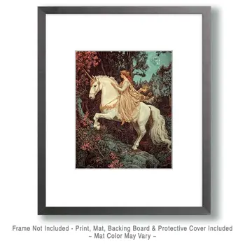 Princess Taking a Ride - Unicorn & Pegasus Wall Art Prints – 8″x10″ Artwork for 11″x14″ Frame