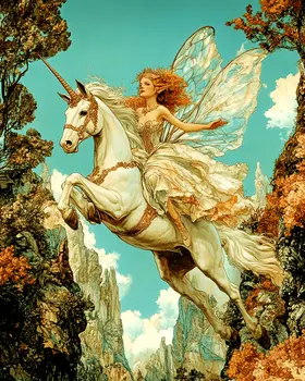 Fairy on a Wild Ride - Unicorn & Pegasus Wall Art Prints – 8″x10″ Artwork for 11″x14″ Frame