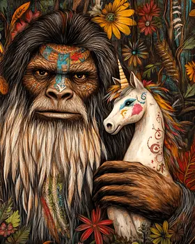 Northwoods Bigfoot with Pet - Unicorn & Pegasus Wall Art Prints – 8″x10″ Artwork for 11″x14″ Frame