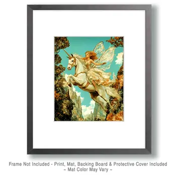 Fairy on a Wild Ride - Unicorn & Pegasus Wall Art Prints – 8″x10″ Artwork for 11″x14″ Frame