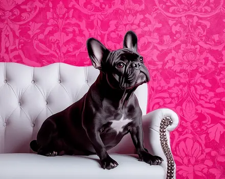 Black French Bulldog on White French Provincial Sofa Dog Portrait Wall Art Prints – 8″x10″ Artwork for 11″x14″ Frame