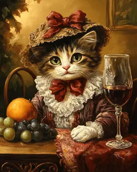 Miss Kitty with Glass of Vino - Wine Wall Art Prints – 8″x10″ Artwork for 11″x14″ Frame