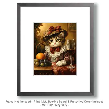 Miss Kitty with Glass of Vino - Wine Wall Art Prints – 8″x10″ Artwork for 11″x14″ Frame