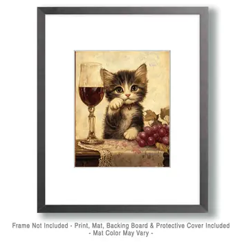 Kitten Too Young for Vino - Wine Wall Art Prints – 8″x10″ Artwork for 11″x14″ Frame