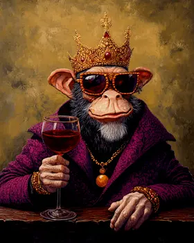 Monkey King with Glass of Vino - Wine Wall Art Prints – 8″x10″ Artwork for 11″x14″ Frame