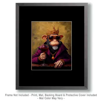 Monkey King with Glass of Vino - Wine Wall Art Prints – 8″x10″ Artwork for 11″x14″ Frame