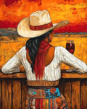 Southwest Cowgirl Enjoying Sunset with Vino - Wine Wall Art Prints – 8″x10″ Artwork for 11″x14″ Frame