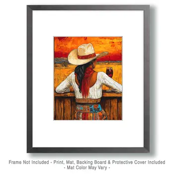 Southwest Cowgirl Enjoying Sunset with Vino - Wine Wall Art Prints – 8″x10″ Artwork for 11″x14″ Frame