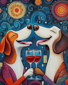 Dog Friends Sharing Glasses of Vino - Wine Wall Art Prints – 8″x10″ Artwork for 11″x14″ Frame