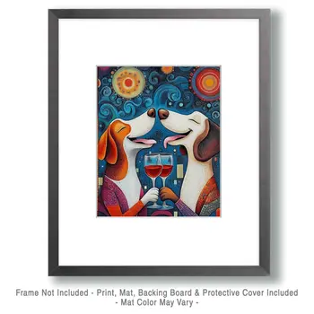 Dog Friends Sharing Glasses of Vino - Wine Wall Art Prints – 8″x10″ Artwork for 11″x14″ Frame
