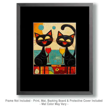 Black Cats Laugh Over Glasses of Vino - Wine Wall Art Prints – 8″x10″ Artwork for 11″x14″ Frame