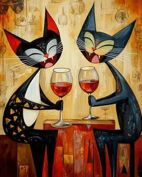 Black Cats Laugh Over Glasses of Vino - Wine Wall Art Prints – 8″x10″ Artwork for 11″x14″ Frame