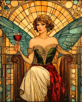 Nouveau Fairy with Glass of Vino - Wine Wall Art Prints – 8″x10″ Artwork for 11″x14″ Frame