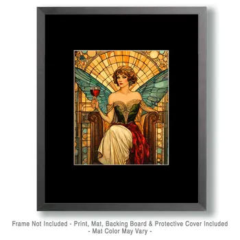 Nouveau Fairy with Glass of Vino - Wine Wall Art Prints – 8″x10″ Artwork for 11″x14″ Frame