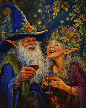 Wizard and Fae Laugh Over Glasses of Vino - Wine Wall Art Prints – 8″x10″ Artwork for 11″x14″ Frame