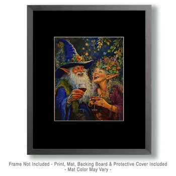 Wizard and Fae Laugh Over Glasses of Vino - Wine Wall Art Prints – 8″x10″ Artwork for 11″x14″ Frame