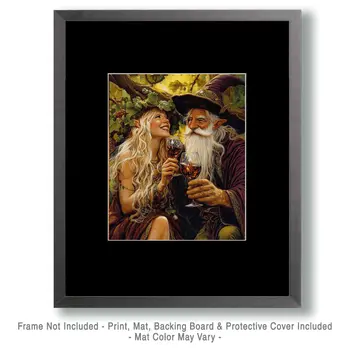 Fairy and Wizard Laugh Over Glasses of Vino - Wine Wall Art Prints – 8″x10″ Artwork for 11″x14″ Frame