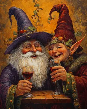 Wizard and Pixie Laugh Over Glasses of Vino - Wine Wall Art Prints – 8″x10″ Artwork for 11″x14″ Frame
