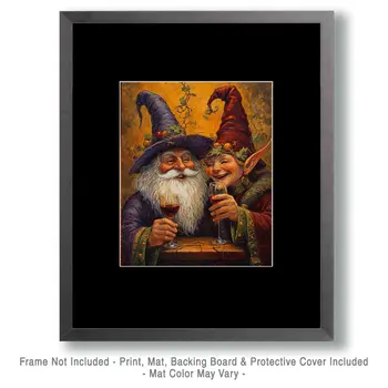 Wizard and Pixie Laugh Over Glasses of Vino - Wine Wall Art Prints – 8″x10″ Artwork for 11″x14″ Frame