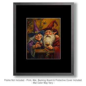 Wizard and Witch Laugh Over Glasses of Vino - Wine Wall Art Prints – 8″x10″ Artwork for 11″x14″ Frame
