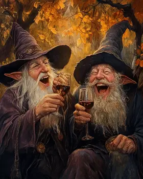 Two Wizards Laugh Over Glasses of Vino - Wine Wall Art Prints – 8″x10″ Artwork for 11″x14″ Frame