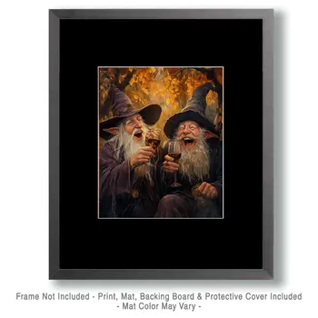 Two Wizards Laugh Over Glasses of Vino - Wine Wall Art Prints – 8″x10″ Artwork for 11″x14″ Frame