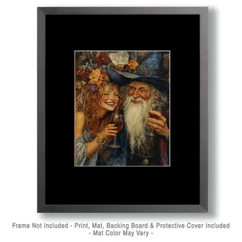 Wizard and Sprite Laugh Over Glasses of Vino - Wine Wall Art Prints – 8″x10″ Artwork for 11″x14″ Frame