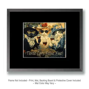 Three Cats Feline Fine - Wine Wall Art Prints – 8″x10″ Artwork for 11″x14″ Frame